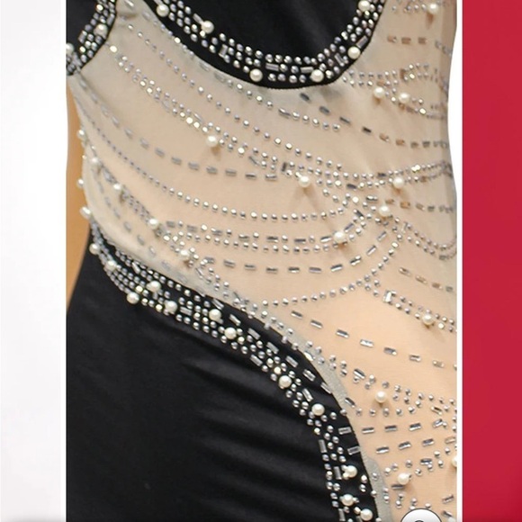 BLACK HEART SHAPED RHINESTONE PEARL NUDE MESH ONE SHOULDER FULL LENGTH GOWN XL - Picture 4 of 16